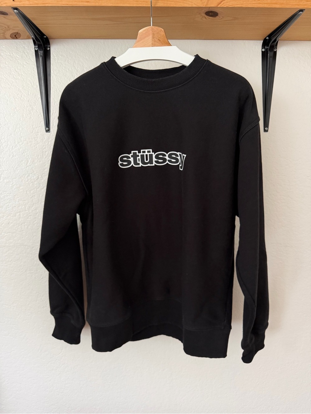 Stussy Black Crewneck with White Logo Outline
